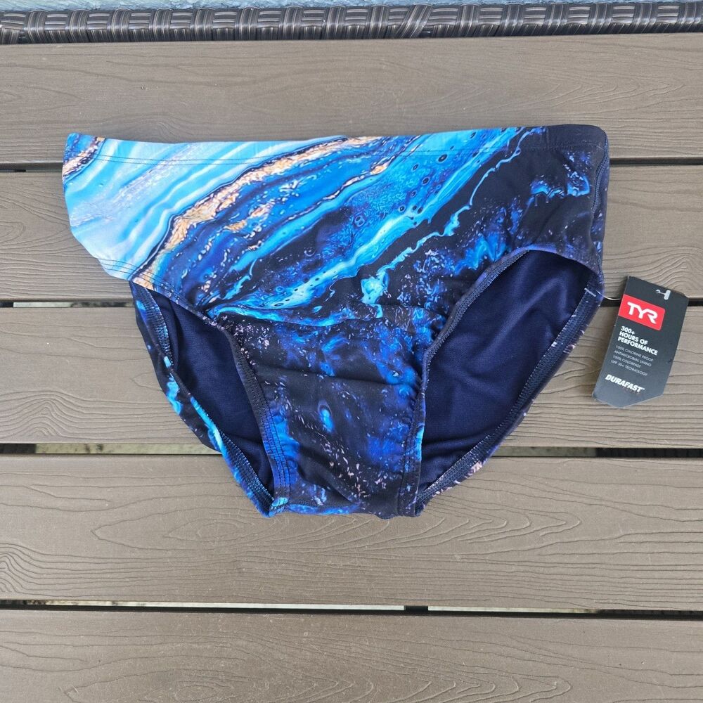 TYR Mens Durafast Kyanite Teal/multi Swim Racer Briefs Drawstring Sz 38 New